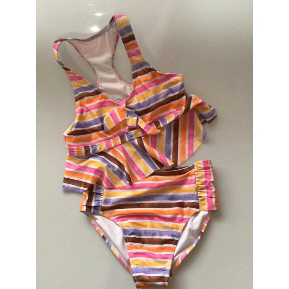 Like New Wonder Nation Girls Striped Tankini Swimming Suit 2 Pc Set UPF 50+